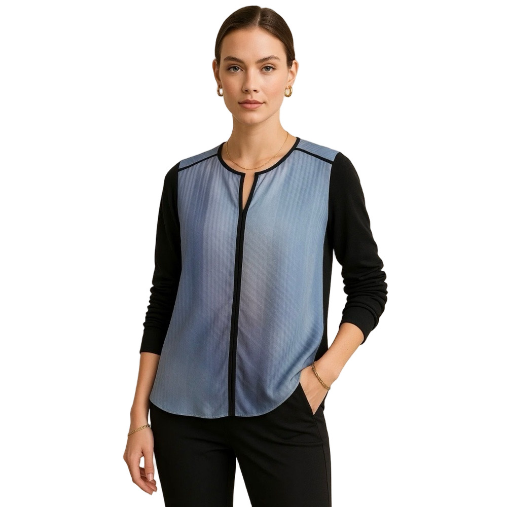 Eli Tahari Blue Gradient Silk Front Top with Black Modal Sleeves - Size Small